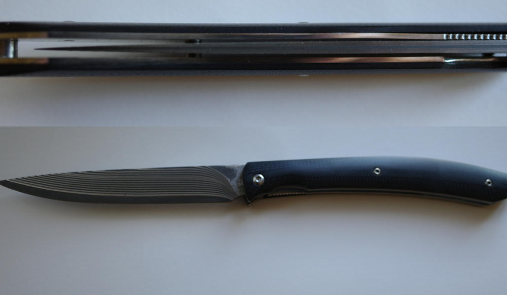 Takeshi Saji Folding R2(SG2) Black Damascus Steak Knife 100mm with White  Micarta Handle