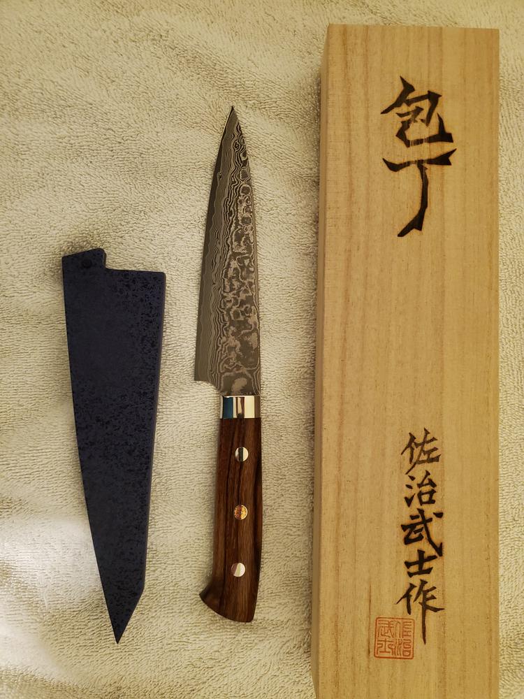 Takeshi Saji R-2 Custom Black Damascus Wild Series Petty (135mm and 150mm, Ironwood Handle) - Customer Photo From Robert B.