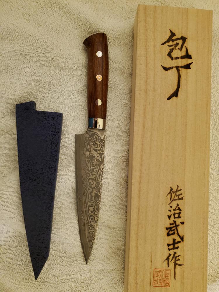 Takeshi Saji R-2 Custom Black Damascus Wild Series Petty (135mm and 150mm, Ironwood Handle) - Customer Photo From Robert B.