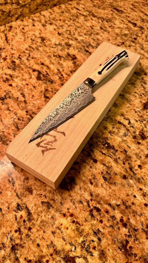 Takeshi Saji R-2 Custom Black Damascus Wild Series Petty (135mm and 150mm, Stag Bone Handle) - Customer Photo From Ben L.