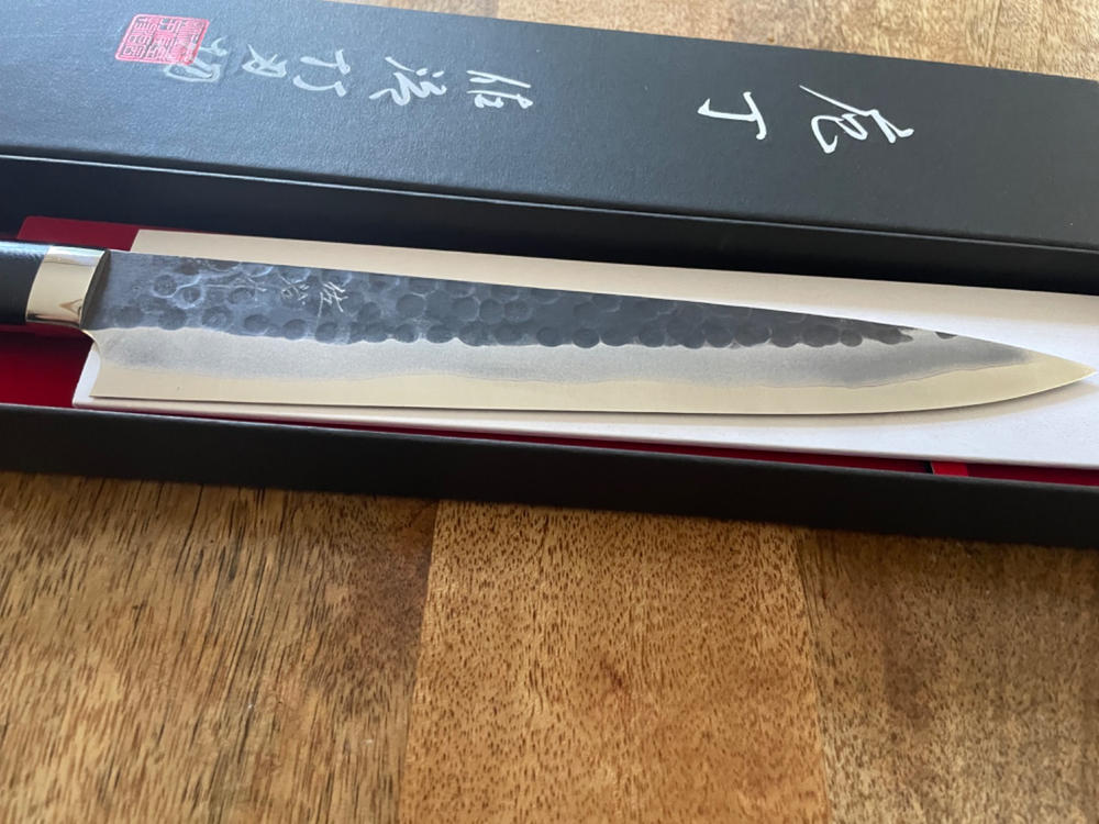 Takeshi Saji Aogami Super Custom Series Sujihiki (240mm & 270mm, 2 Sizes, Linen Micarta Handle) - Customer Photo From Emily W.