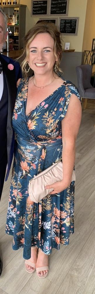 Dark Teal Floral V Neck Crossover Top Empire Waist Swing Dress - Customer Photo From Catherine