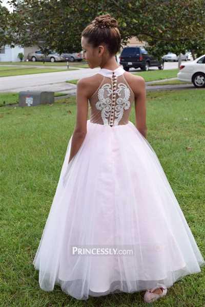 Flower Girl Dresses Halter Neckline Ivory Lace Pink Tulle Sheer Back Wedding Flower Girl Dress Review