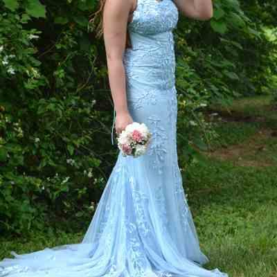 Sky Blue Mermaid Spaghetti Strap Lace Backless Prom Dress