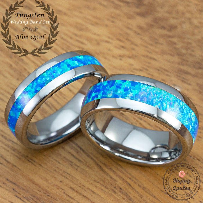 Pair of Blue Opal Tungsten Carbide Wedding Ring Set - 6&8mm, Dome Shap