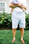 Turquoise Mens Seersucker Shorts with Pink Embroidered Flamingos