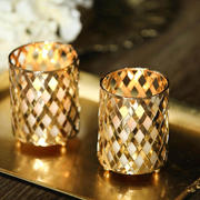 2-Pack Gold Metal Votive Candle Holders 4", Diamond Cut Design - Ideal for Tealights and Wedding Table Centerpieces