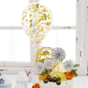 6 Pcs Silver/Gold Happy Birthday Cake Topper, 4 Mini Paper Fans and Gold Confetti Balloon Decor