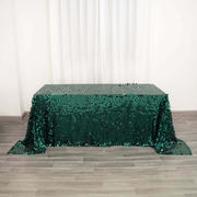 Hunter Emerald Green Seamless Big Payette Sequin Rectangle Tablecloth Premium Collection 90"x132" for 6 Foot Table With Floor-Length Drop
