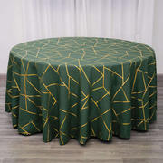 Polyester Round Tablecloth 120" Hunter Emerald Green with Gold Foil Geometric Pattern - Seamless & Wrinkle-Resistant Table Cover