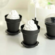12-Pack Plastic Dessert Cups 4" Succulent Planter Design Black - Includes Clear Lids, Trays, and Shovels