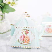 25 Pack Light Turquoise Mini Teapot Gift Boxes with Ribbon, Vintage Rose Favor Boxes - 4"