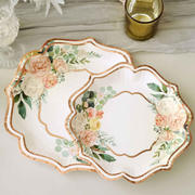25 Pack White Rose Gold Floral Scallop Rim Dessert Paper Plates, Disposable Appetizer Salad Party Plates 300 GSM 8"