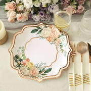 25-Pack Paper Dinner Plates 10" White with Floral Print & Rose Gold Scallop Rim - 300GSM Disposable Party Plates