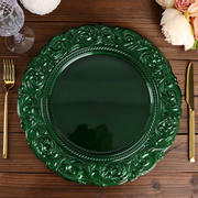 6-Pack Acrylic Charger Plates 14" Round Hunter Emerald Green with Engraved Baroque Rim - Vintage Disposable Decorative Chargers