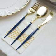 24-Pack Plastic Flatware Set 8" Metallic Gold with Royal Blue Handle - Modern Heavy Duty Disposable Silverware