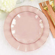 10 Pack Blush Hard Plastic Dessert Plates with Gold Ruffled Rim, Heavy Duty Disposable Salad Appetizer Dinnerware 6"