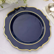 10 Pack Navy Blue Plastic Dinner Plates Disposable Tableware Round With Gold Scalloped Rim 10"