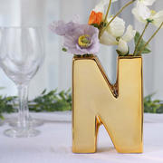 Ceramic Letter "N" Vase Shiny Gold Plated 6" - Stylish Bud Planter Pot for Table Centerpieces