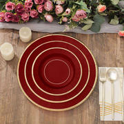 25-Pack Paper Round Dessert Plates 8" Burgundy Sunray Design with Gold Rim - 350GSM Heavy Duty Disposable Appetizer Salad Plates