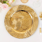6-Pack Acrylic Charger Plates 13" Round Metallic Gold with Embossed Tropical Leaves - Decorative Dinner Charger Tableware