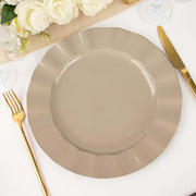 10-Pack Plastic Round Dinner Plates 11" Taupe Ruffled Rim with Gold Edging - Heavy Duty Disposable Dinnerware
