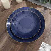 10-Pack Plastic Round Dessert Plates 8" Navy Blue with Gold Rim - Glossy Disposable Appetizer Salad Plates