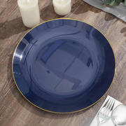 10-Pack Plastic Round Dinner Plates 10" Navy Blue with Gold Rim - Glossy Disposable Party Plates