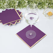 50-Pack Paper Beverage Napkins 2 Ply Purple with Gold Foil Edge 6.5"x6.5" - Soft Disposable Cocktail Napkins