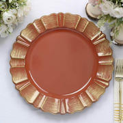 6-Pack Acrylic Plastic Charger Plates 13" Round Terracotta (Rust) with Gold Brushed Wavy Scalloped Rim - Dinner Charger Tableware