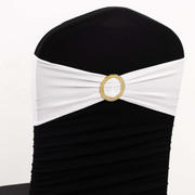 5 Pack White Spandex Chair Sashes with Gold Rhinestone Buckles, Elegant Stretch Chair Bands and Slide On Brooch Set 5"x14"