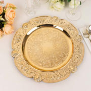 6-Pack Acrylic Charger Plates 13" Round Gold Floral Embossed with Scalloped Rim - Plastic Decorative Charger Tableware