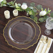 10-Pack Economy Plastic Charger Plates 13" Round Clear with Gold Scalloped Rim - Decorative Dinner Party Serving Plates