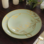 Set of 20 Sage Green Plastic Party Plates With Metallic Gold Floral Design, Disposable Round Dinner and Dessert Plates - 10" / 7"