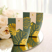 25 Pack Hunter Emerald Green Paper Pouch Party Favor Boxes With Gold Monstera Leaves Print, Candy Gift Bags with Pin and Tags - 4.5"x4"