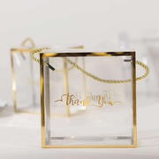25 Pack Gold Trimmed Clear PVC Favor Boxes with Rope Handles and Thank You Print, Transparent Portable Candy Gift Boxes - 5.5"x5.5"