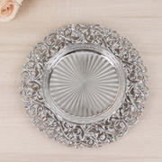 6-Pack Acrylic Charger Plates 13" Round Silver with Vintage Floral Carved Rim - Event Tabletop Decorative Charger Tableware