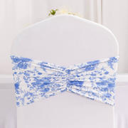 5 Pack White Blue Wide Ruffled Spandex Chair Sash Band in French Toile Floral Pattern - 8