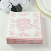 50 Pack 2-Ply Paper Cocktail Napkins in White Matte Pink Damask Floral Pattern, Disposable Beverage Napkins - Highly Absorbent & Soft