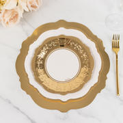 75 Pcs Paper Charger Plates White with Gold Embossed Scalloped Rim 8",10",13" - Heavy Duty Disposable Dinner and Salad Plates