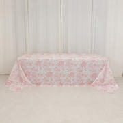 Polyester Rectangular Tablecloth 90"x156" White with Pink French Toile Pattern - Sophisticated Seamless Table Cover for Chic Weddings & Events