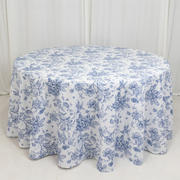 Polyester Round Tablecloth 120" White with Blue French Toile Pattern - Sophisticated Table Cover for Chic Weddings & Events