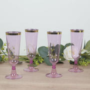 12-Pack Plastic Champagne Flutes 5oz Transparent Purple with Gold Rim - Disposable Toasting Glasses with Detachable Base 6"