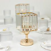 2 Pack Crystal Pendant Hurricane Candle Holders in Gold, 9" Elegant Square Design for Pillar Candles, Decorative Table Centerpieces
