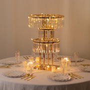 Crystal Pendant 3-Tier Table Centerpiece Chandelier in Gold, 27" Flower Stand Metal Vase Round Pedestal with Hanging Crystals