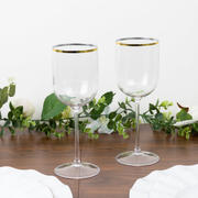 12-Pack Clear Plastic Wine Glasses with Gold Rim – 12oz Elegant Disposable Long Stem Goblets - 9"