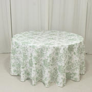 Polyester Round Tablecloth 120" White with Dusty Sage Green French Toile Pattern - Sophisticated Table Cover for Chic Weddings & Events