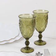 24-Pack Plastic Vintage Goblets – 10oz Transparent Dusty Sage Green Retro Embossed Wine Glasses, Elegant Water & Juice Cups - 7" Tall