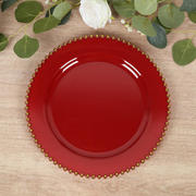 10-Pack Plastic Round Dinner Plates 10" Red with Gold Beaded Rim - Disposable Party Plates for Stylish Gatherings & Celebrations
