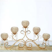 5 Arm Gold Metal Crystal Horizontal Candelabra Goblet Candle Holder Stand 27"